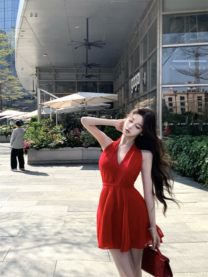 Vibrant Open Back with Tie Red Mini Skirt Minimalist Style Double Layers Summer Outfit Flared Halter Short Dress AP1912