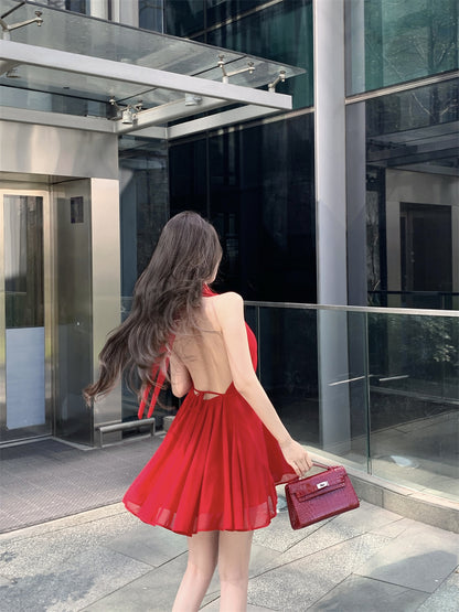 Vibrant Open Back with Tie Red Mini Skirt Minimalist Style Double Layers Summer Outfit Flared Halter Short Dress AP1912