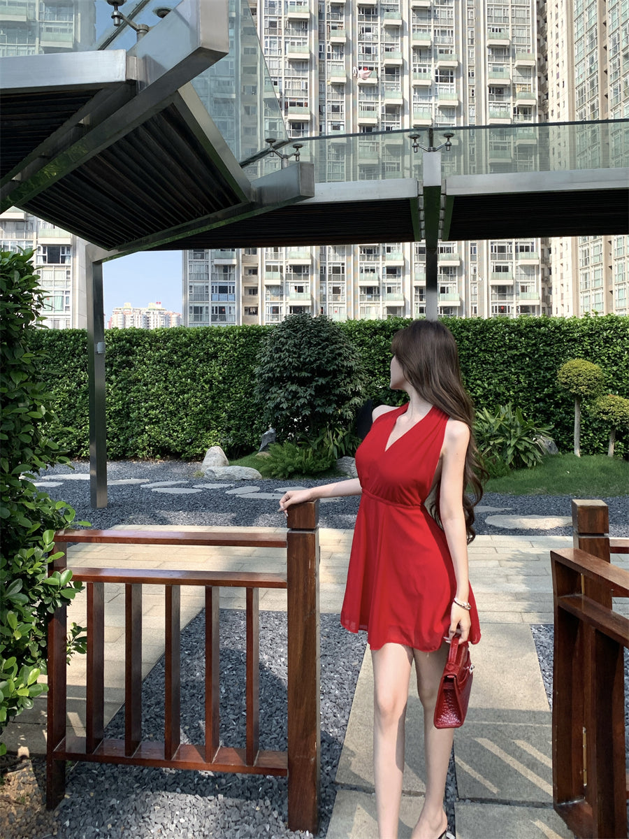 Vibrant Open Back with Tie Red Mini Skirt Minimalist Style Double Layers Summer Outfit Flared Halter Short Dress AP1912