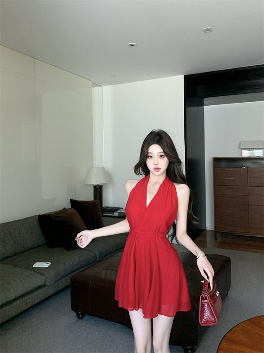 Vibrant Open Back with Tie Red Mini Skirt Minimalist Style Double Layers Summer Outfit Flared Halter Short Dress AP1912