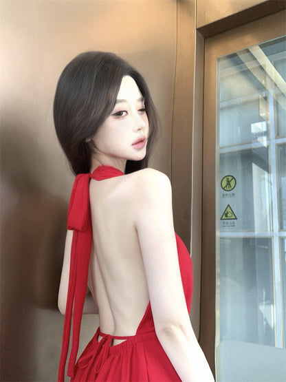 Vibrant Open Back with Tie Red Mini Skirt Minimalist Style Double Layers Summer Outfit Flared Halter Short Dress AP1912