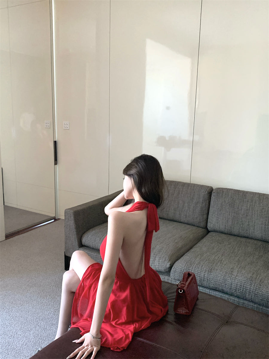 Vibrant Open Back with Tie Red Mini Skirt Minimalist Style Double Layers Summer Outfit Flared Halter Short Dress AP1912