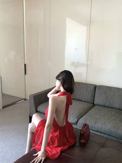 Vibrant Open Back with Tie Red Mini Skirt Minimalist Style Double Layers Summer Outfit Flared Halter Short Dress AP1912