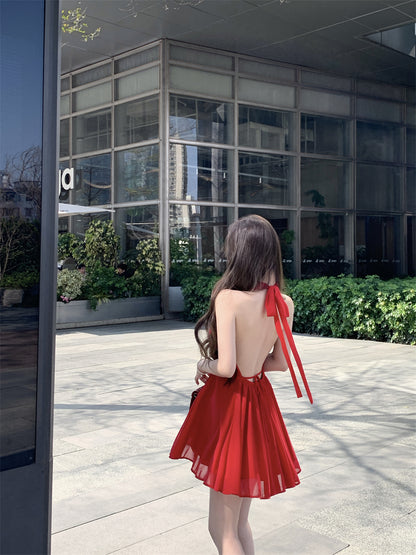 Vibrant Open Back with Tie Red Mini Skirt Minimalist Style Double Layers Summer Outfit Flared Halter Short Dress AP1912