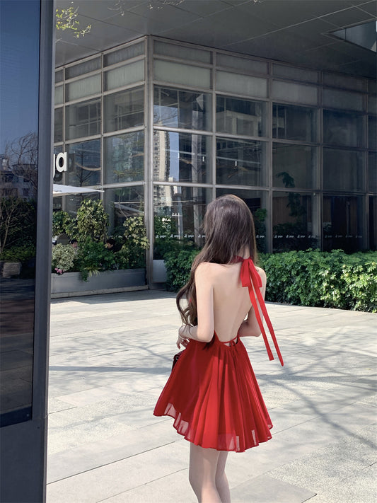 Vibrant Open Back with Tie Red Mini Skirt Minimalist Style Double Layers Summer Outfit Flared Halter Short Dress AP1912