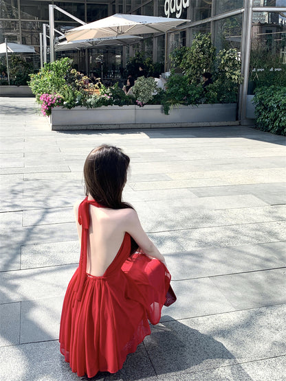 Vibrant Open Back with Tie Red Mini Skirt Minimalist Style Double Layers Summer Outfit Flared Halter Short Dress AP1912