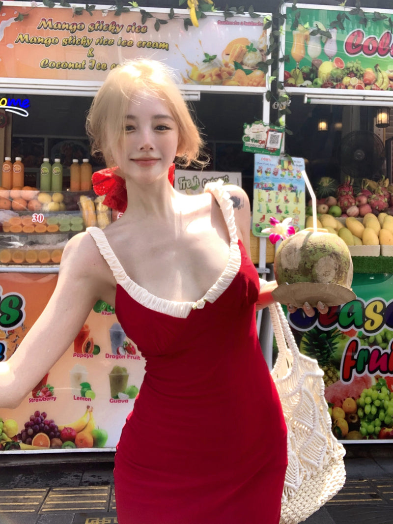 Unique Vocation Outfit Spaghetti Straps Red Mermaid Maxi Dress Sexy White Lace Trim Ruched Bodycon Long Dress AP1913