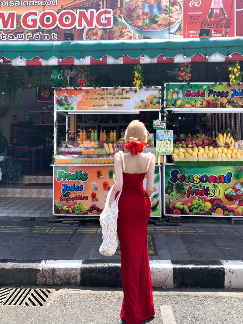 Unique Vocation Outfit Spaghetti Straps Red Mermaid Maxi Dress Sexy White Lace Trim Ruched Bodycon Long Dress AP1913