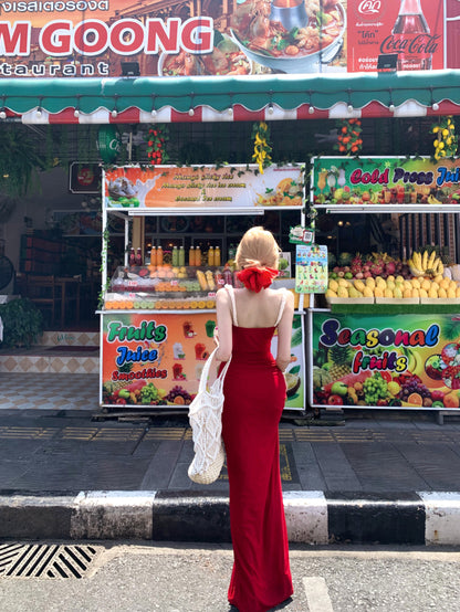 Unique Vocation Outfit Spaghetti Straps Red Mermaid Maxi Dress Sexy White Lace Trim Ruched Bodycon Long Dress AP1913