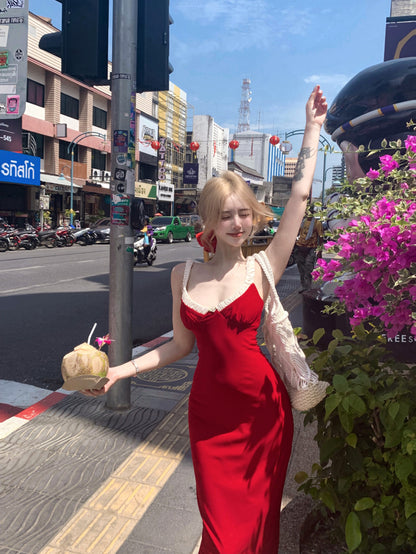 Unique Vocation Outfit Spaghetti Straps Red Mermaid Maxi Dress Sexy White Lace Trim Ruched Bodycon Long Dress AP1913