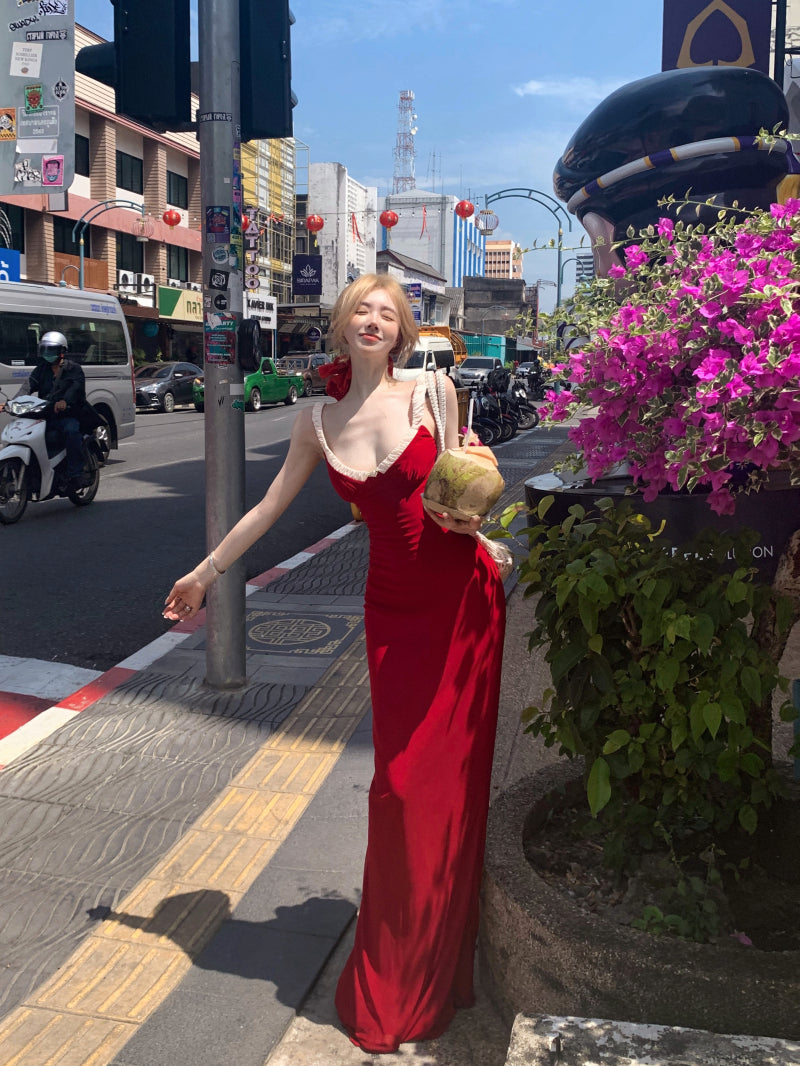 Unique Vocation Outfit Spaghetti Straps Red Mermaid Maxi Dress Sexy White Lace Trim Ruched Bodycon Long Dress AP1913