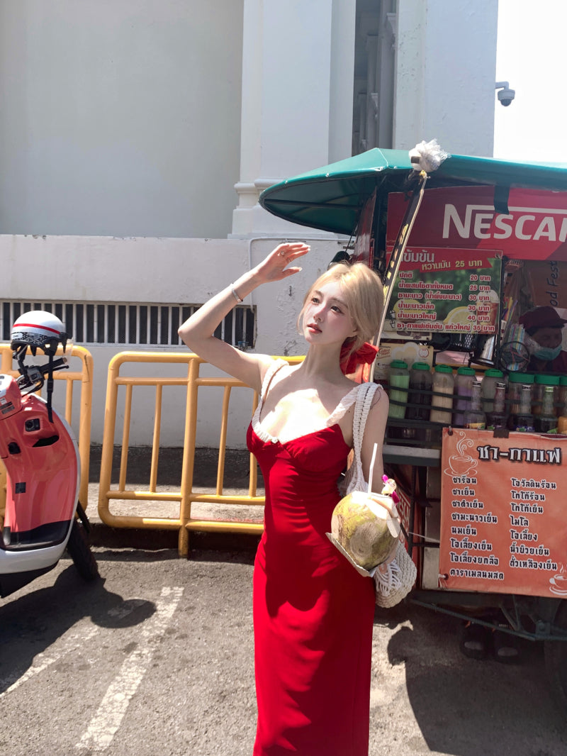 Unique Vocation Outfit Spaghetti Straps Red Mermaid Maxi Dress Sexy White Lace Trim Ruched Bodycon Long Dress AP1913