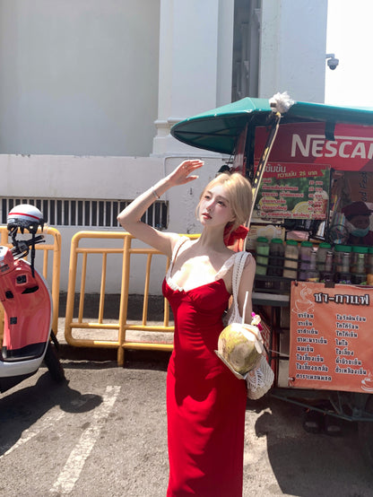 Unique Vocation Outfit Spaghetti Straps Red Mermaid Maxi Dress Sexy White Lace Trim Ruched Bodycon Long Dress AP1913