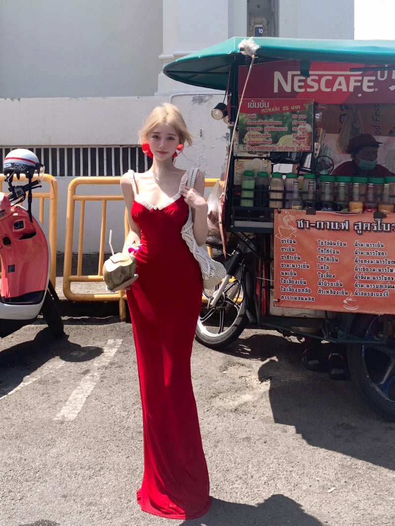 Unique Vocation Outfit Spaghetti Straps Red Mermaid Maxi Dress Sexy White Lace Trim Ruched Bodycon Long Dress AP1913