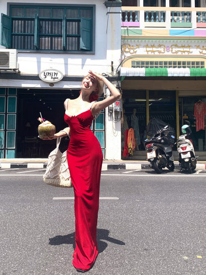 Unique Vocation Outfit Spaghetti Straps Red Mermaid Maxi Dress Sexy White Lace Trim Ruched Bodycon Long Dress AP1913