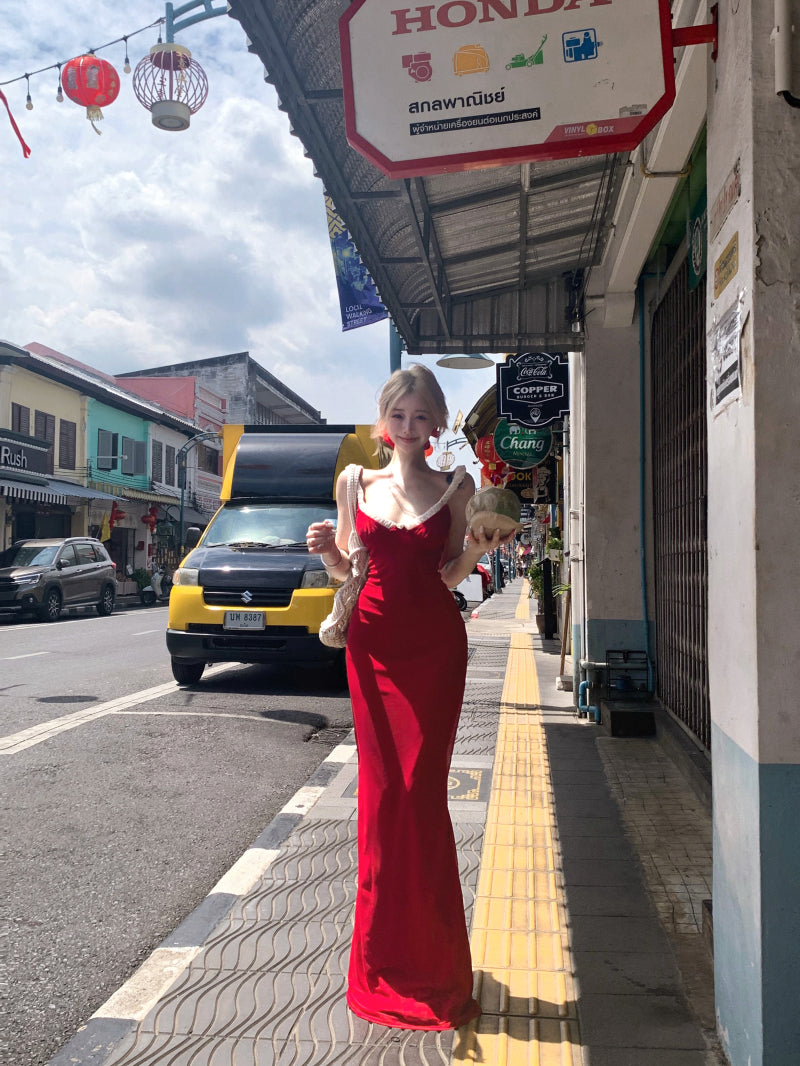 Unique Vocation Outfit Spaghetti Straps Red Mermaid Maxi Dress Sexy White Lace Trim Ruched Bodycon Long Dress AP1913