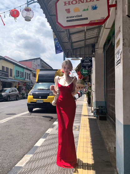 Unique Vocation Outfit Spaghetti Straps Red Mermaid Maxi Dress Sexy White Lace Trim Ruched Bodycon Long Dress AP1913