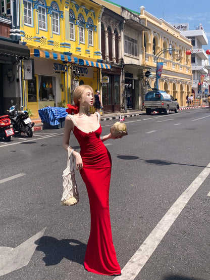 Unique Vocation Outfit Spaghetti Straps Red Mermaid Maxi Dress Sexy White Lace Trim Ruched Bodycon Long Dress AP1913