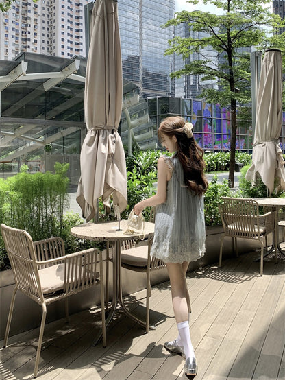 Everyday Wear Light Grey Striped Sleeveless Mini Dress Charming Big Bow Necktie Lace-Trimmed Hem Loose Fit Short Dress AP1914