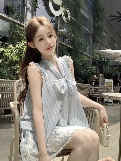 Everyday Wear Light Grey Striped Sleeveless Mini Dress Charming Big Bow Necktie Lace-Trimmed Hem Loose Fit Short Dress AP1914