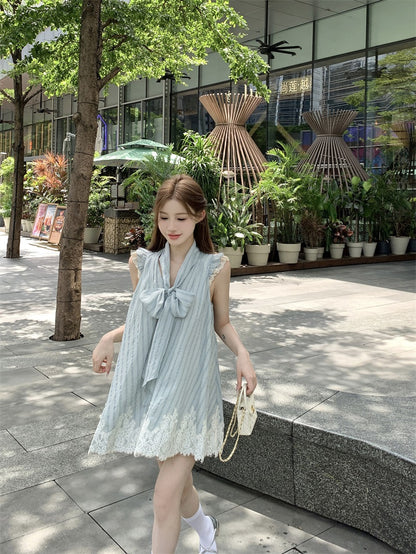 Everyday Wear Light Grey Striped Sleeveless Mini Dress Charming Big Bow Necktie Lace-Trimmed Hem Loose Fit Short Dress AP1914