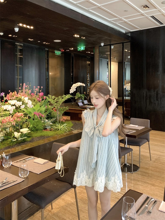 Everyday Wear Light Grey Striped Sleeveless Mini Dress Charming Big Bow Necktie Lace-Trimmed Hem Loose Fit Short Dress AP1914