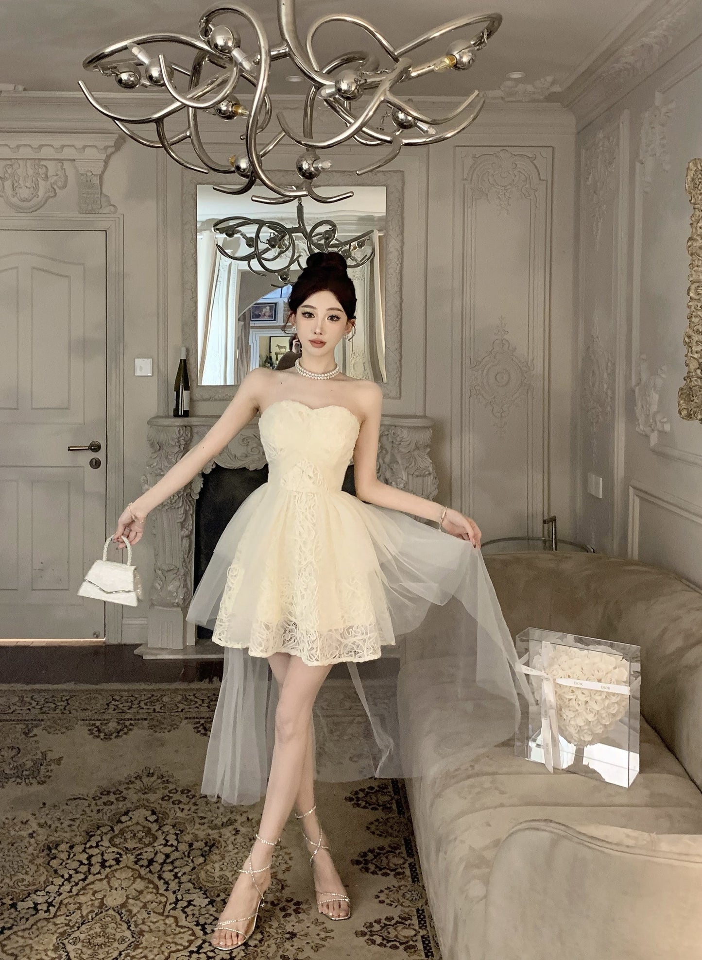 Elegant Tulle Overlay Strapless Cream Mini Skirt Birthday Party Chic High-Low Hem Textured Fabric Short Dress AP1915