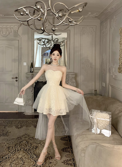 Elegant Tulle Overlay Strapless Cream Mini Skirt Birthday Party Chic High-Low Hem Textured Fabric Short Dress AP1915