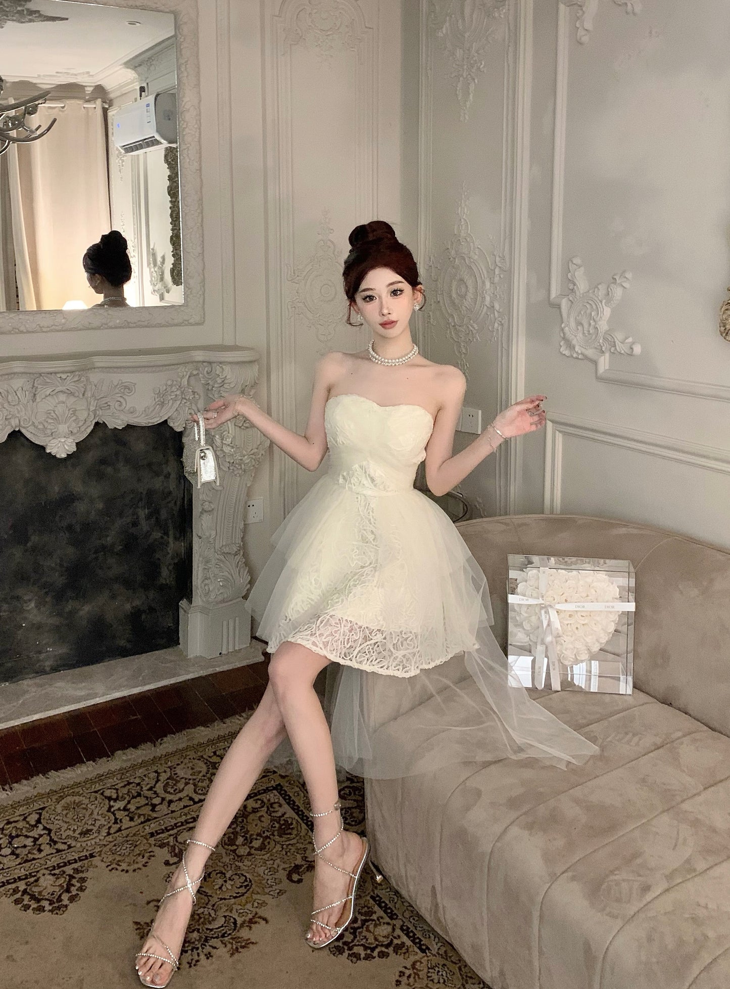 Elegant Tulle Overlay Strapless Cream Mini Skirt Birthday Party Chic High-Low Hem Textured Fabric Short Dress AP1915