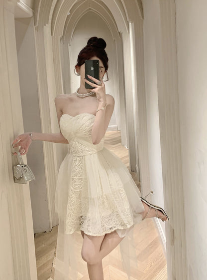Elegant Tulle Overlay Strapless Cream Mini Skirt Birthday Party Chic High-Low Hem Textured Fabric Short Dress AP1915