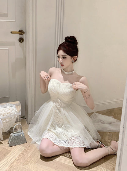 Elegant Tulle Overlay Strapless Cream Mini Skirt Birthday Party Chic High-Low Hem Textured Fabric Short Dress AP1915