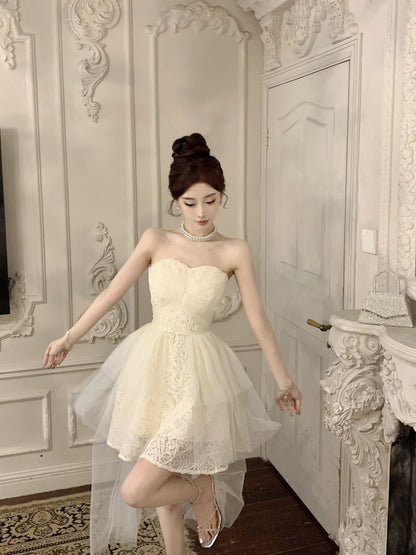 Elegant Tulle Overlay Strapless Cream Mini Skirt Birthday Party Chic High-Low Hem Textured Fabric Short Dress AP1915