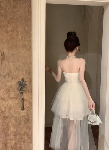 Elegant Tulle Overlay Strapless Cream Mini Skirt Birthday Party Chic High-Low Hem Textured Fabric Short Dress AP1915