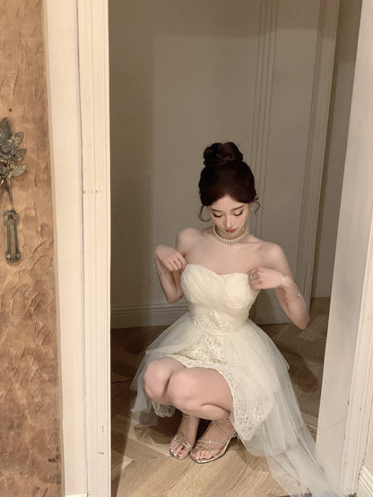 Elegant Tulle Overlay Strapless Cream Mini Skirt Birthday Party Chic High-Low Hem Textured Fabric Short Dress AP1915