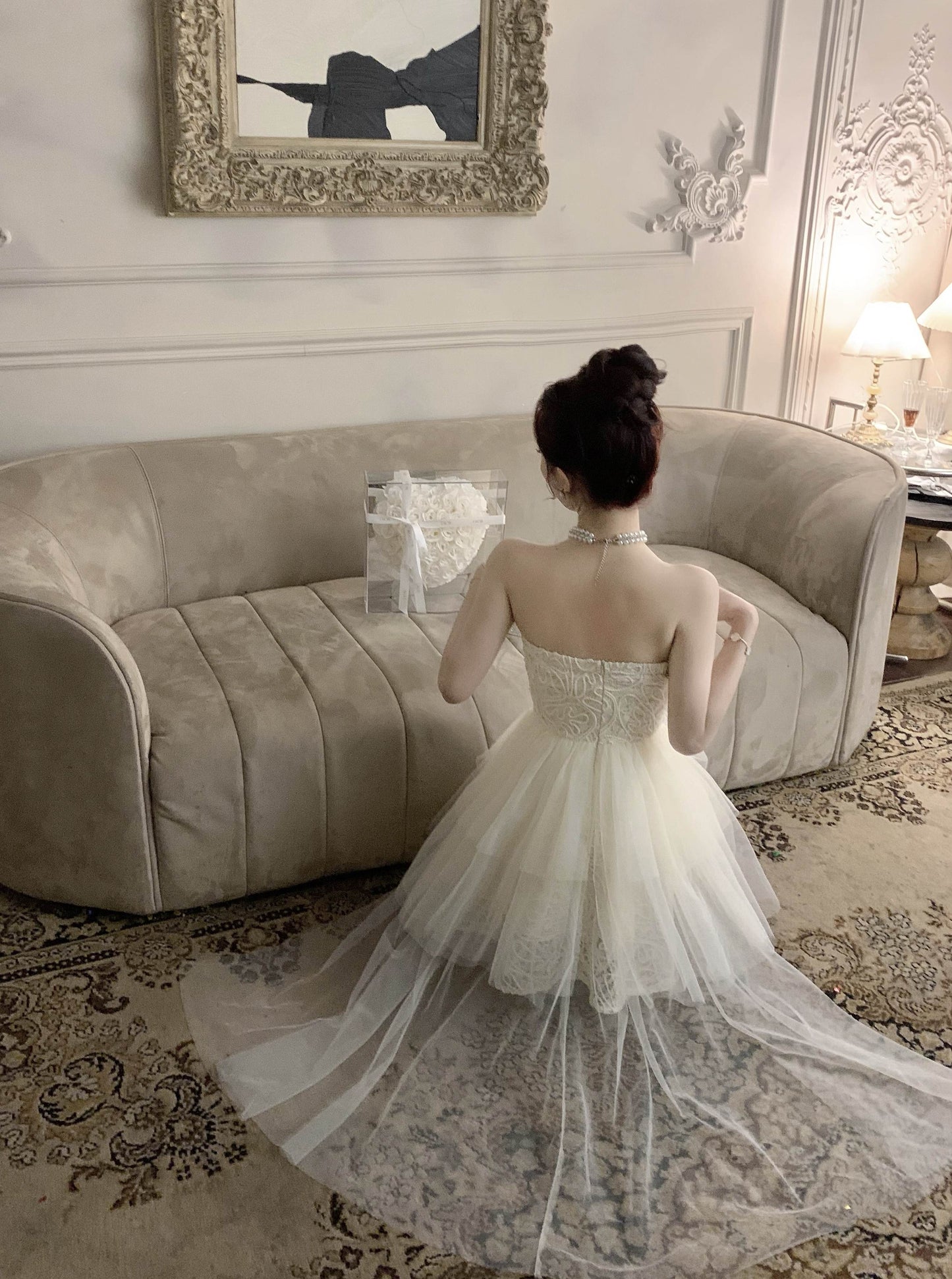 Elegant Tulle Overlay Strapless Cream Mini Skirt Birthday Party Chic High-Low Hem Textured Fabric Short Dress AP1915