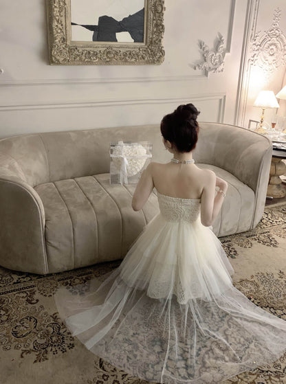 Elegant Tulle Overlay Strapless Cream Mini Skirt Birthday Party Chic High-Low Hem Textured Fabric Short Dress AP1915