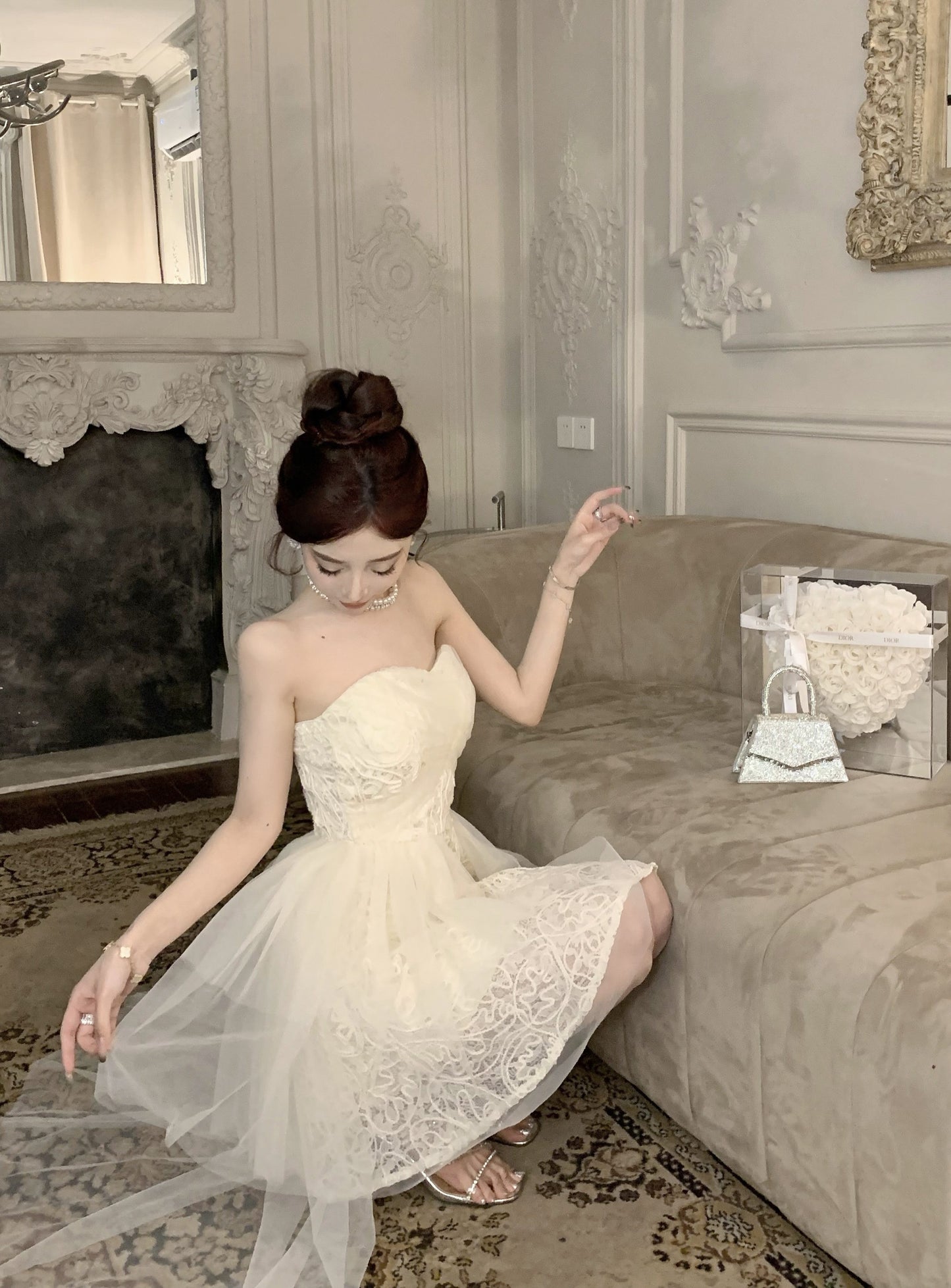 Elegant Tulle Overlay Strapless Cream Mini Skirt Birthday Party Chic High-Low Hem Textured Fabric Short Dress AP1915