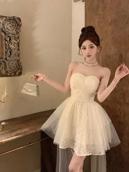 Elegant Tulle Overlay Strapless Cream Mini Skirt Birthday Party Chic High-Low Hem Textured Fabric Short Dress AP1915