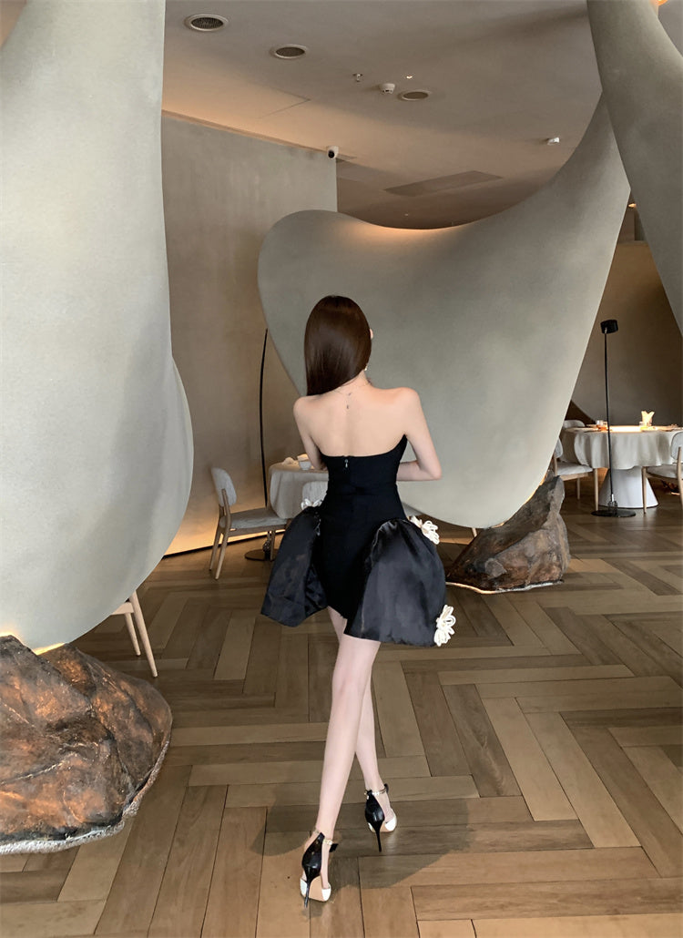 Birthday Party A-Line Corset Strapless Cream Mini Skirt Elegant 3D White Flower Accent Short Dress AP1916