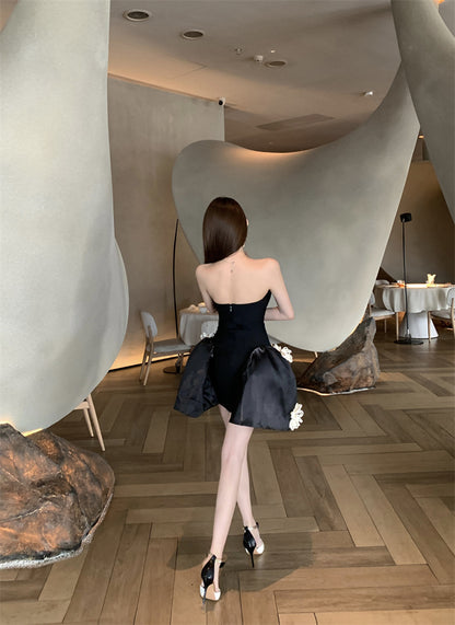 Birthday Party A-Line Corset Strapless Cream Mini Skirt Elegant 3D White Flower Accent Short Dress AP1916