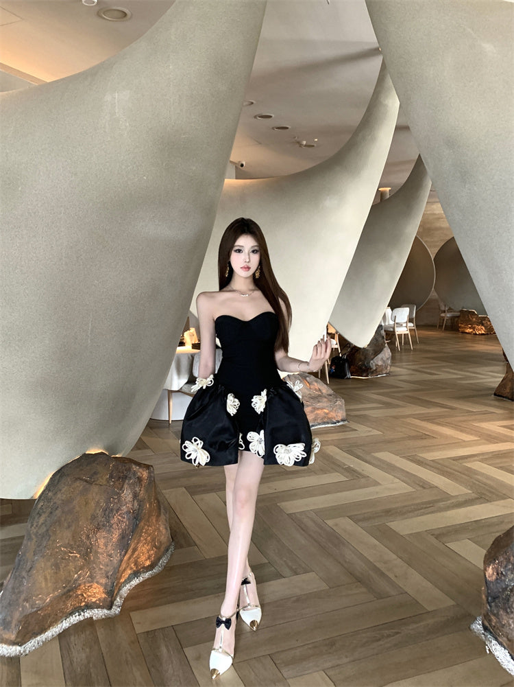 Birthday Party A-Line Corset Strapless Cream Mini Skirt Elegant 3D White Flower Accent Short Dress AP1916