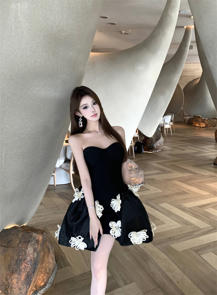 Birthday Party A-Line Corset Strapless Cream Mini Skirt Elegant 3D White Flower Accent Short Dress AP1916