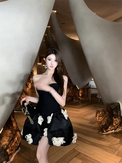 Birthday Party A-Line Corset Strapless Cream Mini Skirt Elegant 3D White Flower Accent Short Dress AP1916