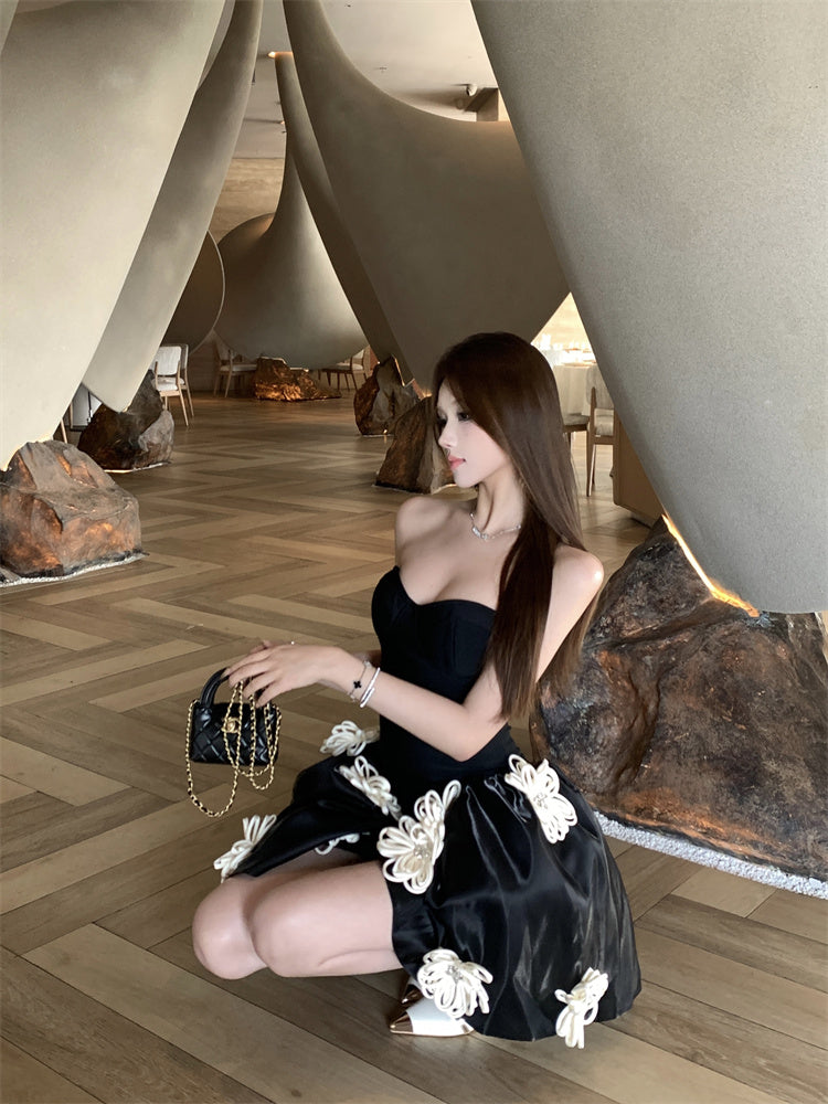 Birthday Party A-Line Corset Strapless Cream Mini Skirt Elegant 3D White Flower Accent Short Dress AP1916