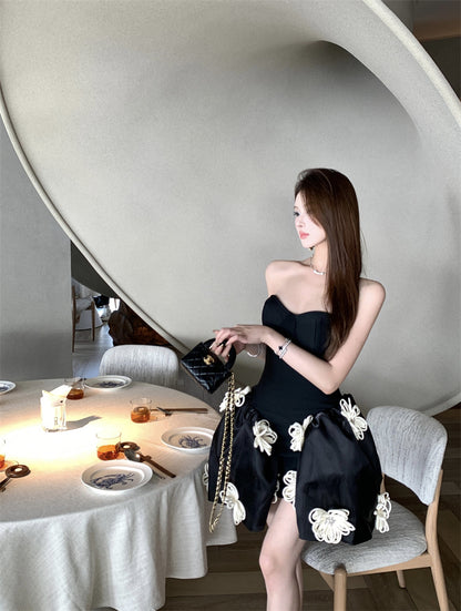 Birthday Party A-Line Corset Strapless Cream Mini Skirt Elegant 3D White Flower Accent Short Dress AP1916