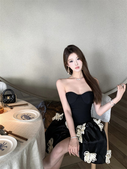 Birthday Party A-Line Corset Strapless Cream Mini Skirt Elegant 3D White Flower Accent Short Dress AP1916