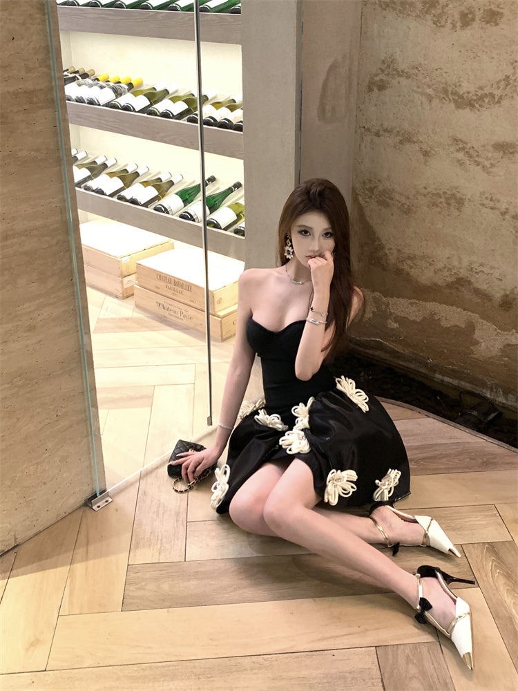 Birthday Party A-Line Corset Strapless Cream Mini Skirt Elegant 3D White Flower Accent Short Dress AP1916