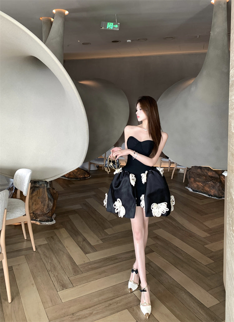 Birthday Party A-Line Corset Strapless Cream Mini Skirt Elegant 3D White Flower Accent Short Dress AP1916