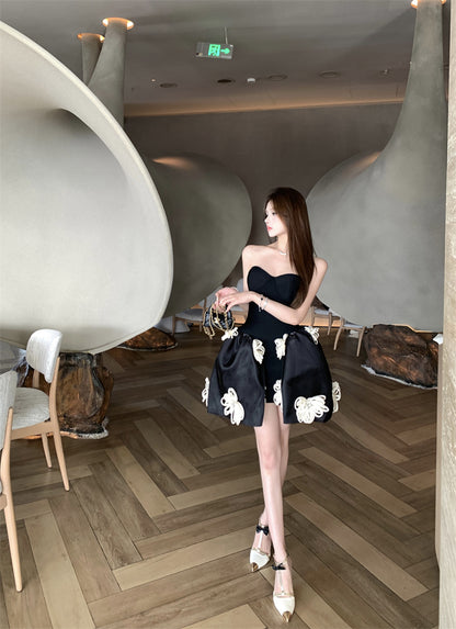 Birthday Party A-Line Corset Strapless Cream Mini Skirt Elegant 3D White Flower Accent Short Dress AP1916