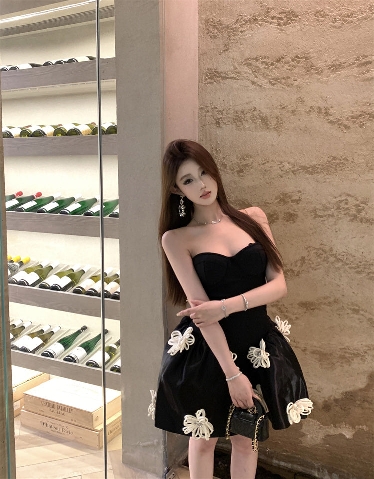 Birthday Party A-Line Corset Strapless Cream Mini Skirt Elegant 3D White Flower Accent Short Dress AP1916